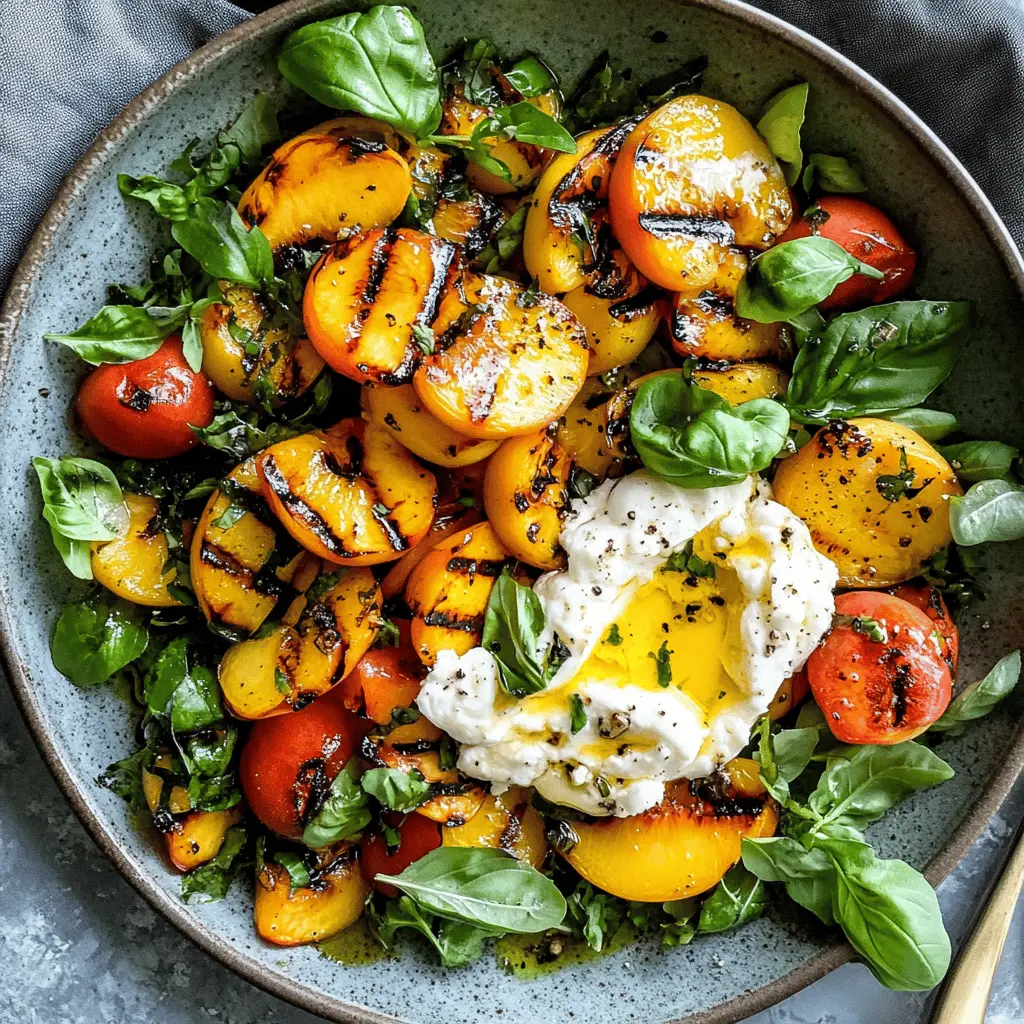 Experience the delightful combination of grilled peaches and creamy burrata in this refreshing salad! Juicy, caramelized peaches pair beautifully with rich mozzarella, drizzled with balsamic glaze and sprinkled with fresh basil. Perfect for summer picnics or a light dinner. Save this recipe for your next gathering and impress your guests with this sweet and savory dish!