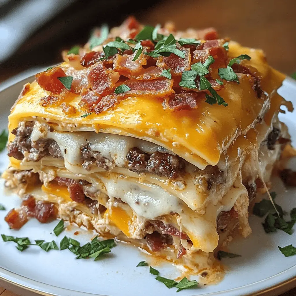 Layers of deliciousness await with this Parmesan Garlic Bacon Cheeseburger Lasagna! Packed with creamy cheese, crispy bacon, and hearty ground beef, this twist on traditional lasagna is a must-try for any meat lover. Perfect for family dinners or gatherings, save this recipe to impress your guests with a comforting and unique dish!