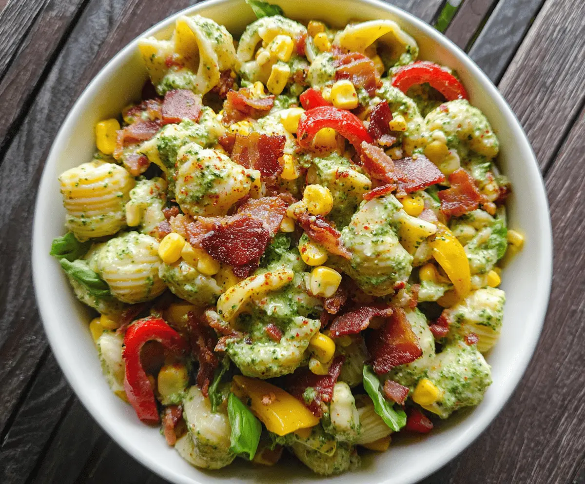 Easy Corn Pasta Salad with Bacon and Creamy Pesto