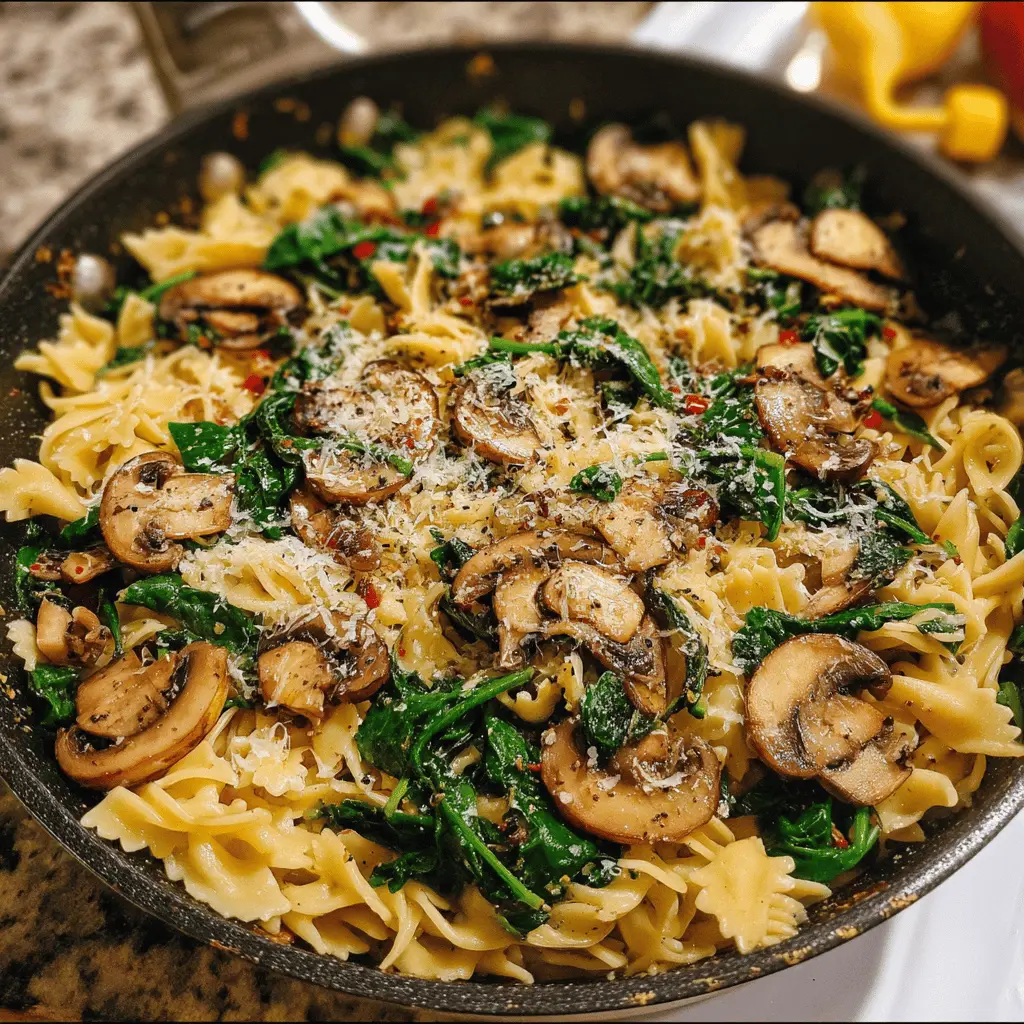 Cheesy Parmesan Spinach Mushroom Pasta Skillet