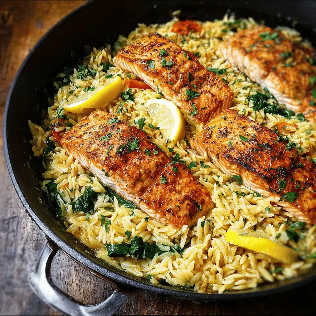 One Skillet Lemon Salmon with Easy Orzo