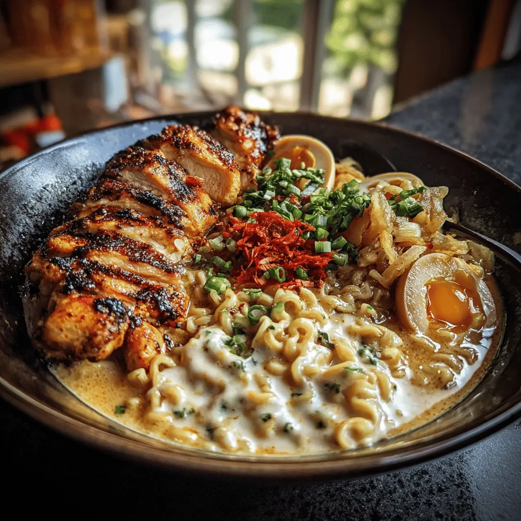 Fiery Chicken Ramen with Creamy Garlic Sauce