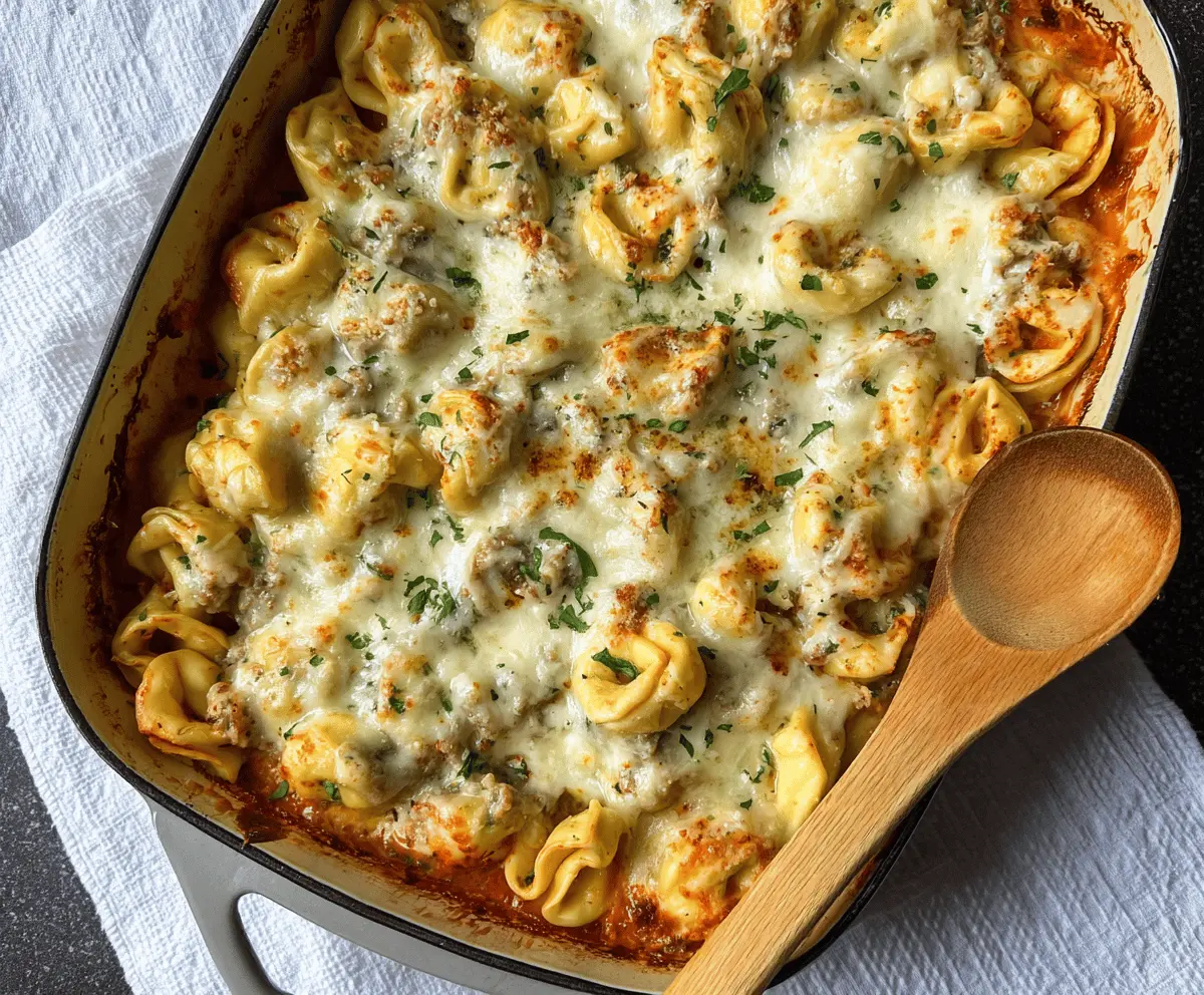 Creamy Alfredo Tortellini Bake topped with melted cheese and fresh herbs, served in a baking dish for a delicious and comforting meal.