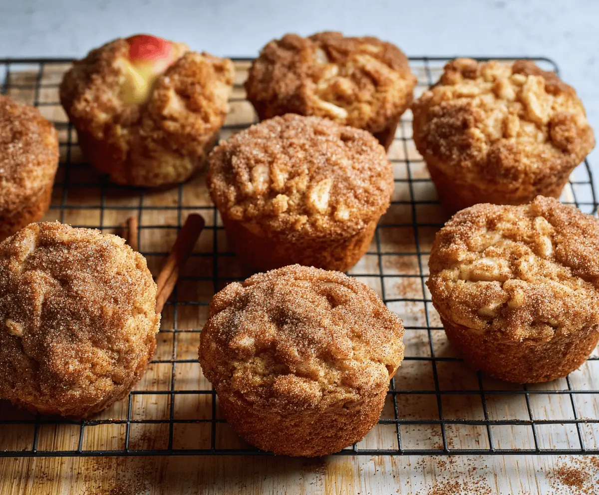 Delicious homemade apple cinnamon muffins with fresh apple chunks and a golden cinnamon topping on a white plate