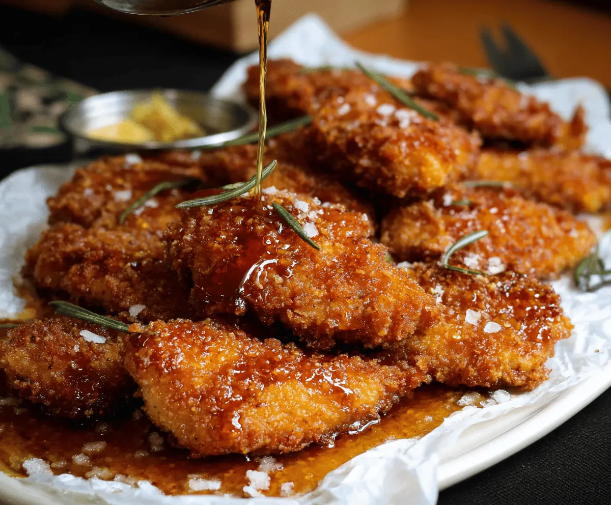 Delicious baked crunchy hot honey chicken served on a plate with crispy coating and drizzled honey, perfect for a flavorful dinner