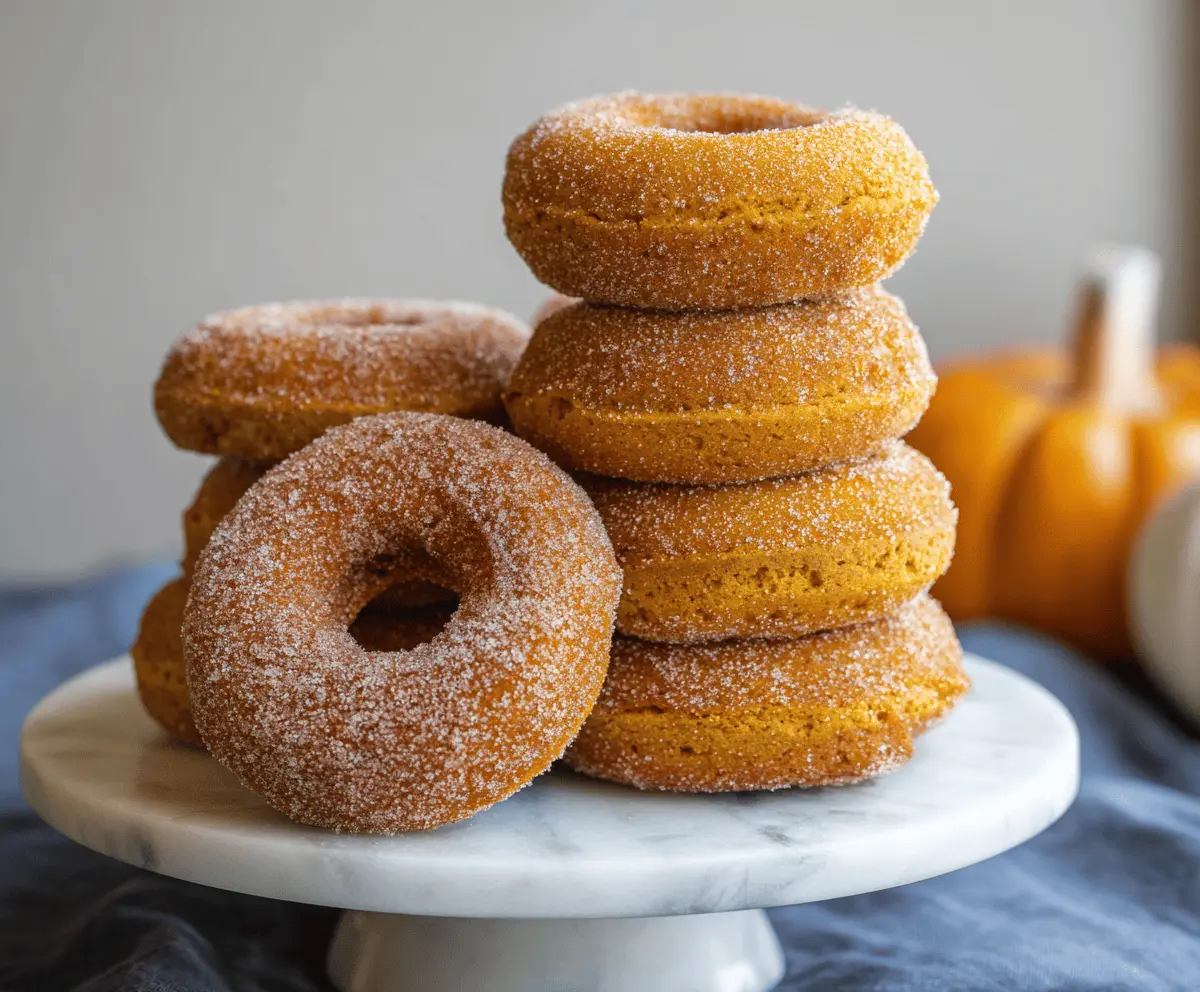 Delicious baked pumpkin donuts with a golden-brown exterior, topped with cinnamon glaze and sprinkled with powdered sugar, perfect for fall treats.