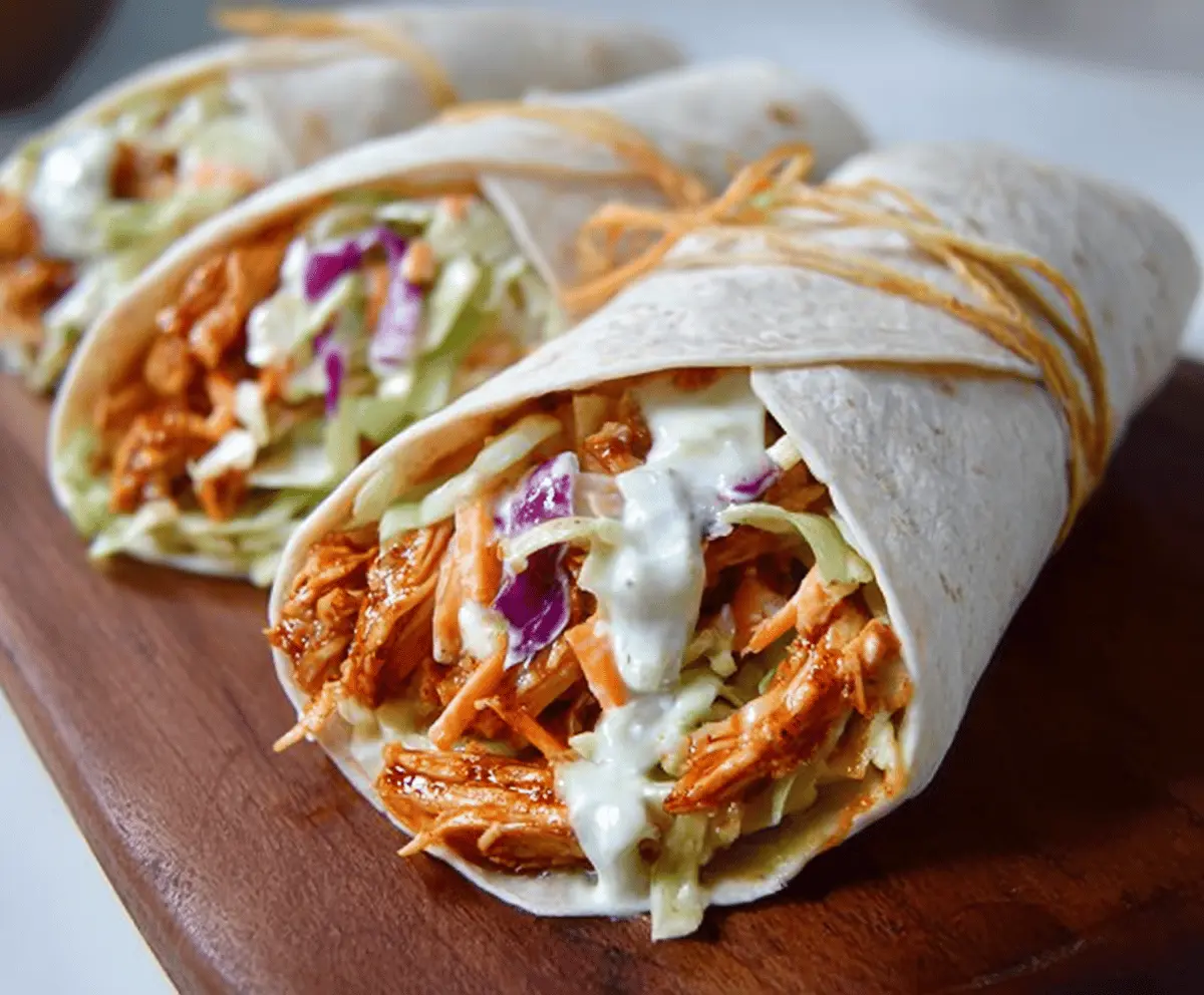 Delicious BBQ Chicken Coleslaw Wraps with shredded chicken, tangy coleslaw, and smoky barbecue sauce wrapped in a flour tortilla on a plate.