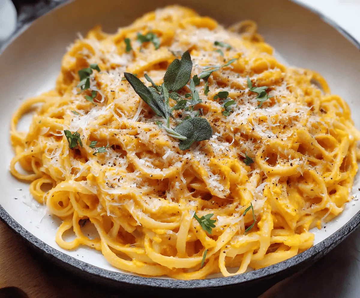 Creamy butternut squash pasta sauce served over cooked pasta, garnished with fresh herbs and a sprinkle of Parmesan cheese.