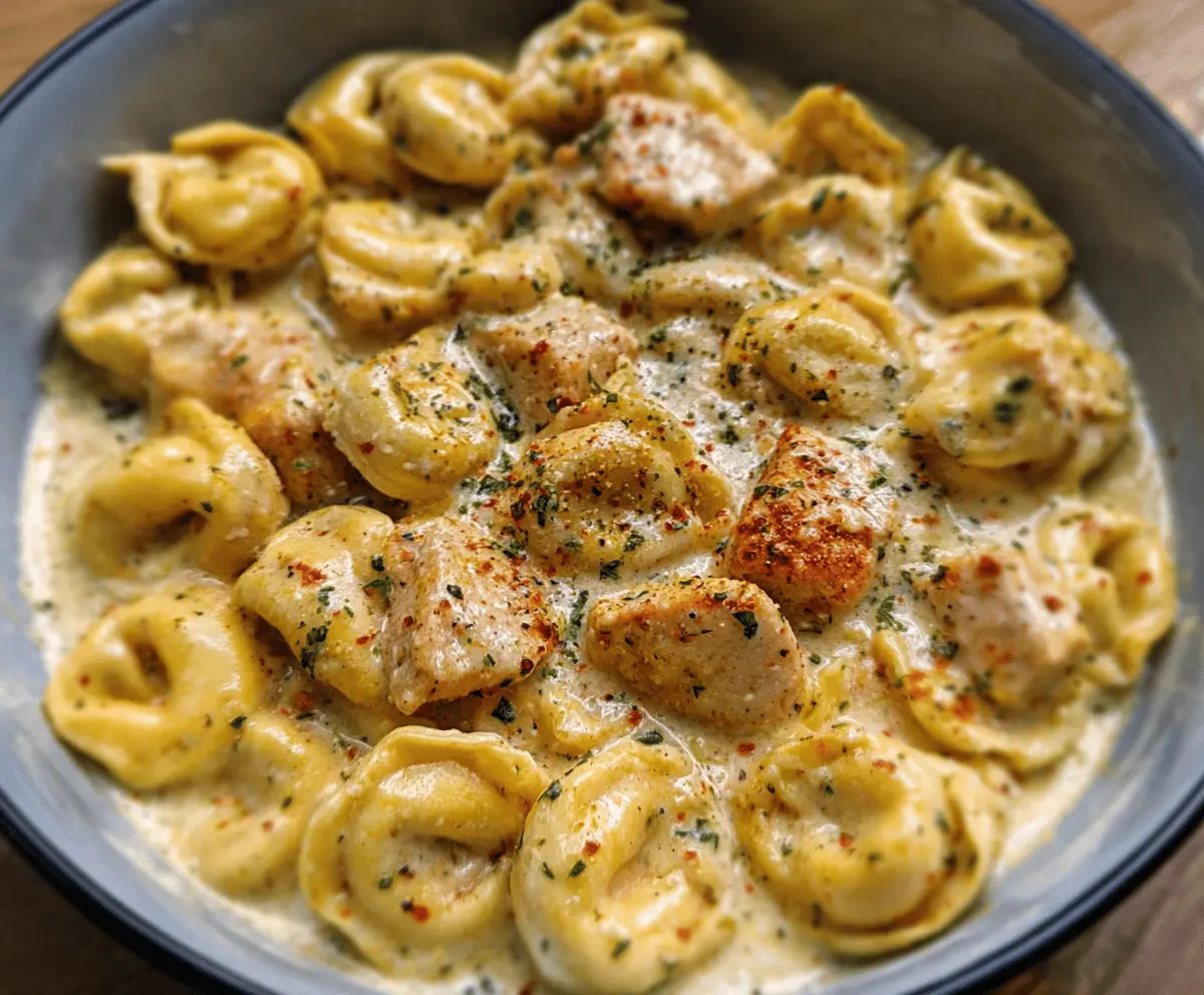 Creamy Cajun Garlic Chicken Tortellini with Three-Cheese Sauce served on a white plate, garnished with fresh herbs