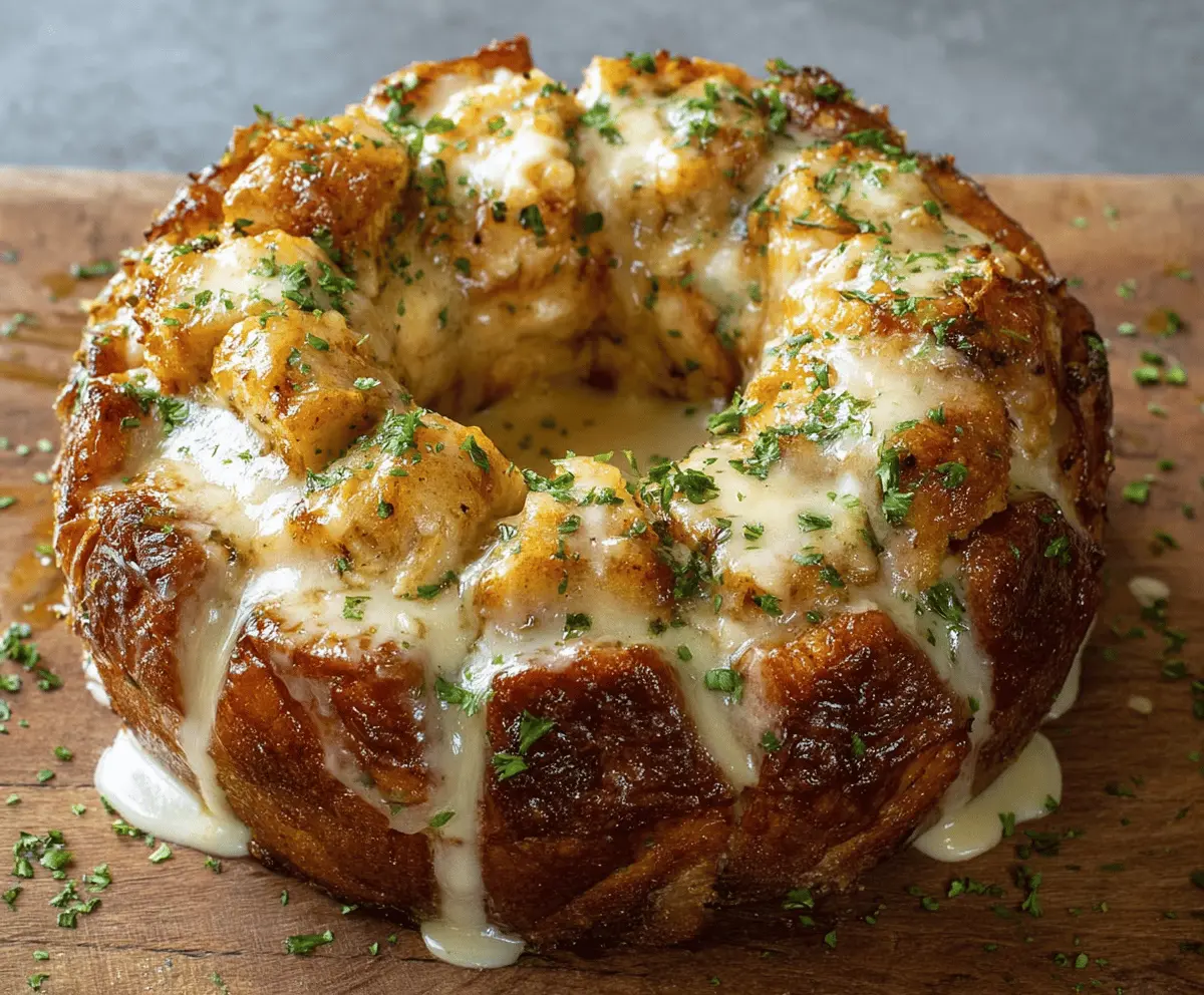 Delicious Chicken Alfredo Monkey Bread topped with melted cheese and herbs, served hot on a white plate