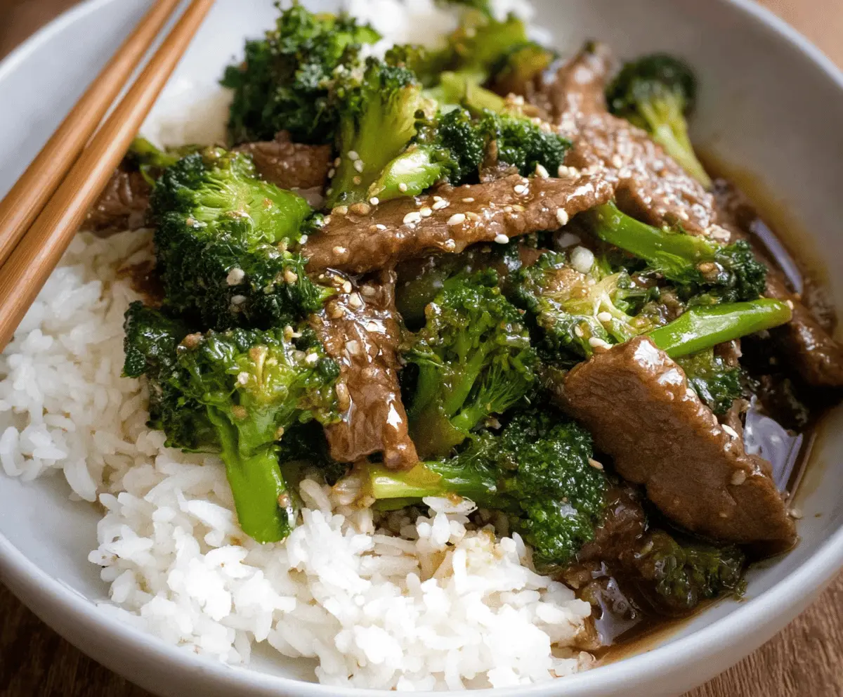 Delicious Chinese Beef and Broccoli stir-fry with tender beef slices and fresh broccoli florets in savory sauce, served on a white plate.