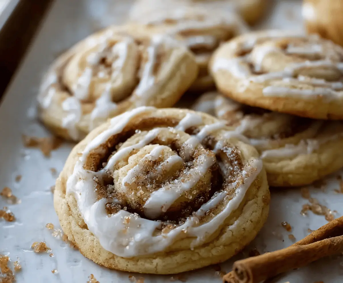 Delicious cinnamon roll sugar cookies topped with icing and cinnamon swirls, perfect for a sweet treat or holiday dessert.