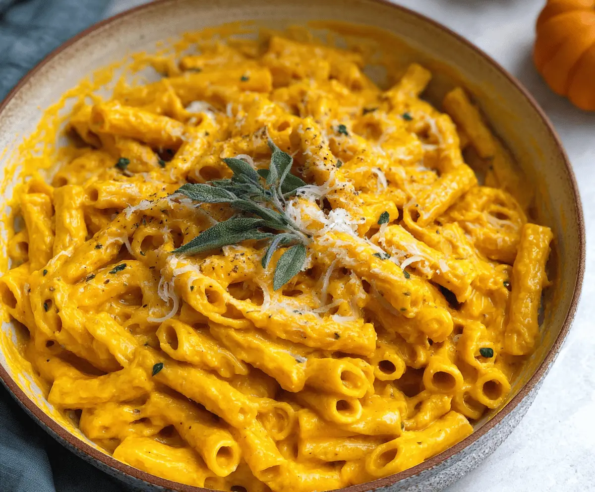 Creamy pumpkin pasta served with fresh herbs and grated cheese on a white plate, perfect for fall comfort food.