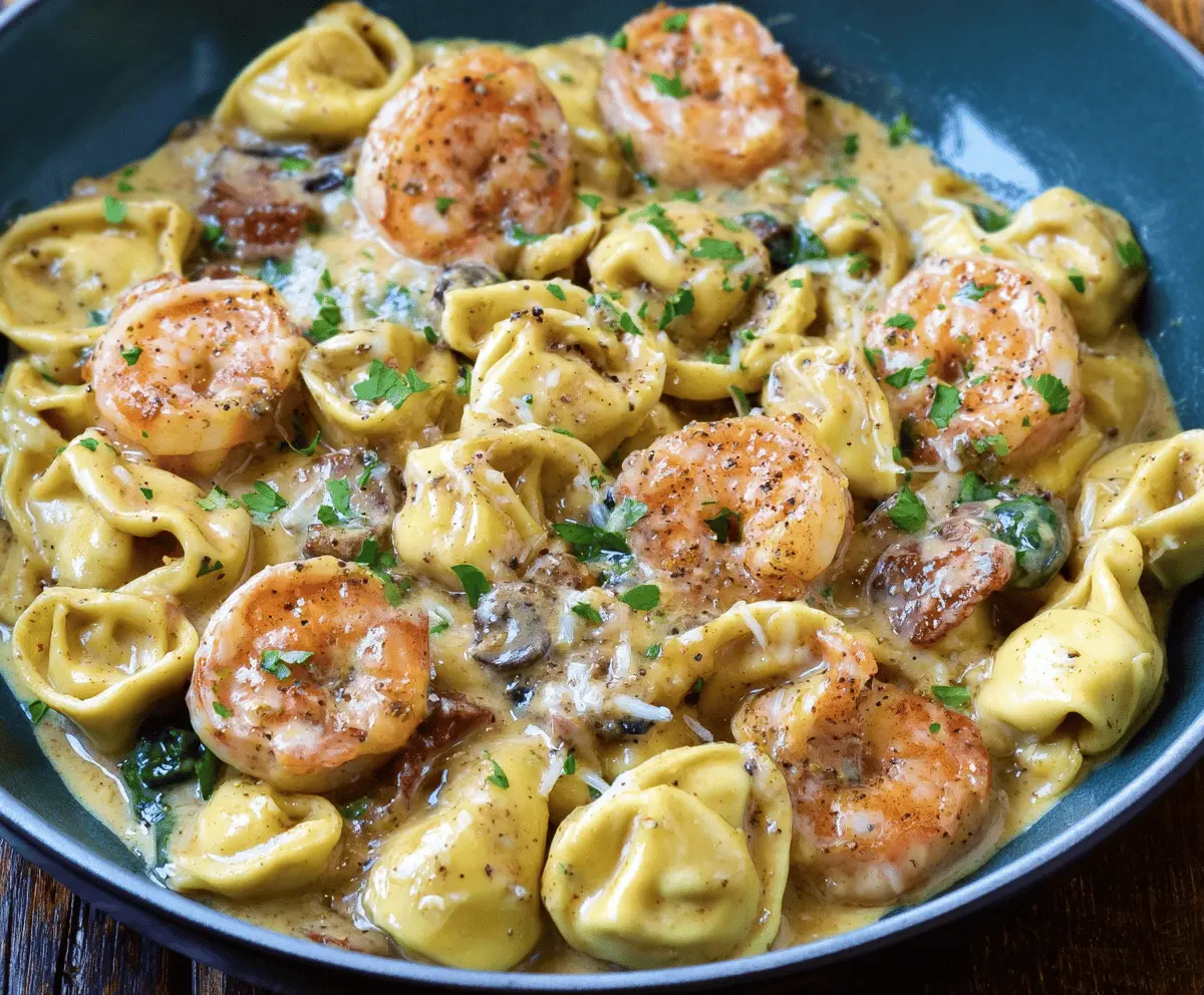 Creamy shrimp and cheese tortellini Alfredo dish garnished with herbs in a white bowl, showcasing a rich, flavorful seafood pasta meal.