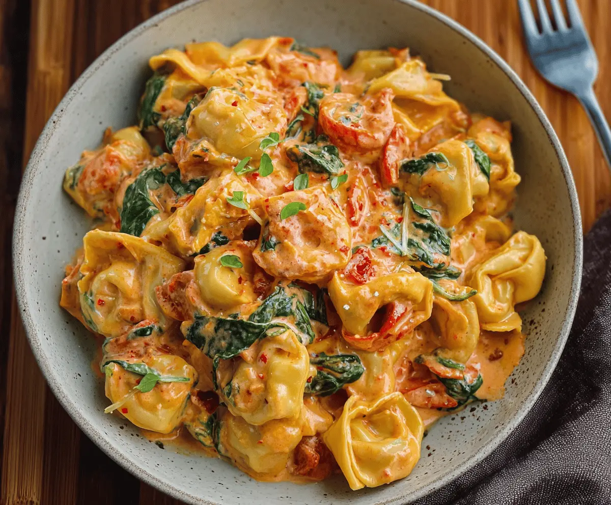 Creamy spinach and tomato tortellini served in a bowl, topped with fresh basil and grated Parmesan cheese, featuring vibrant green spinach, red tomatoes, and golden tortellini