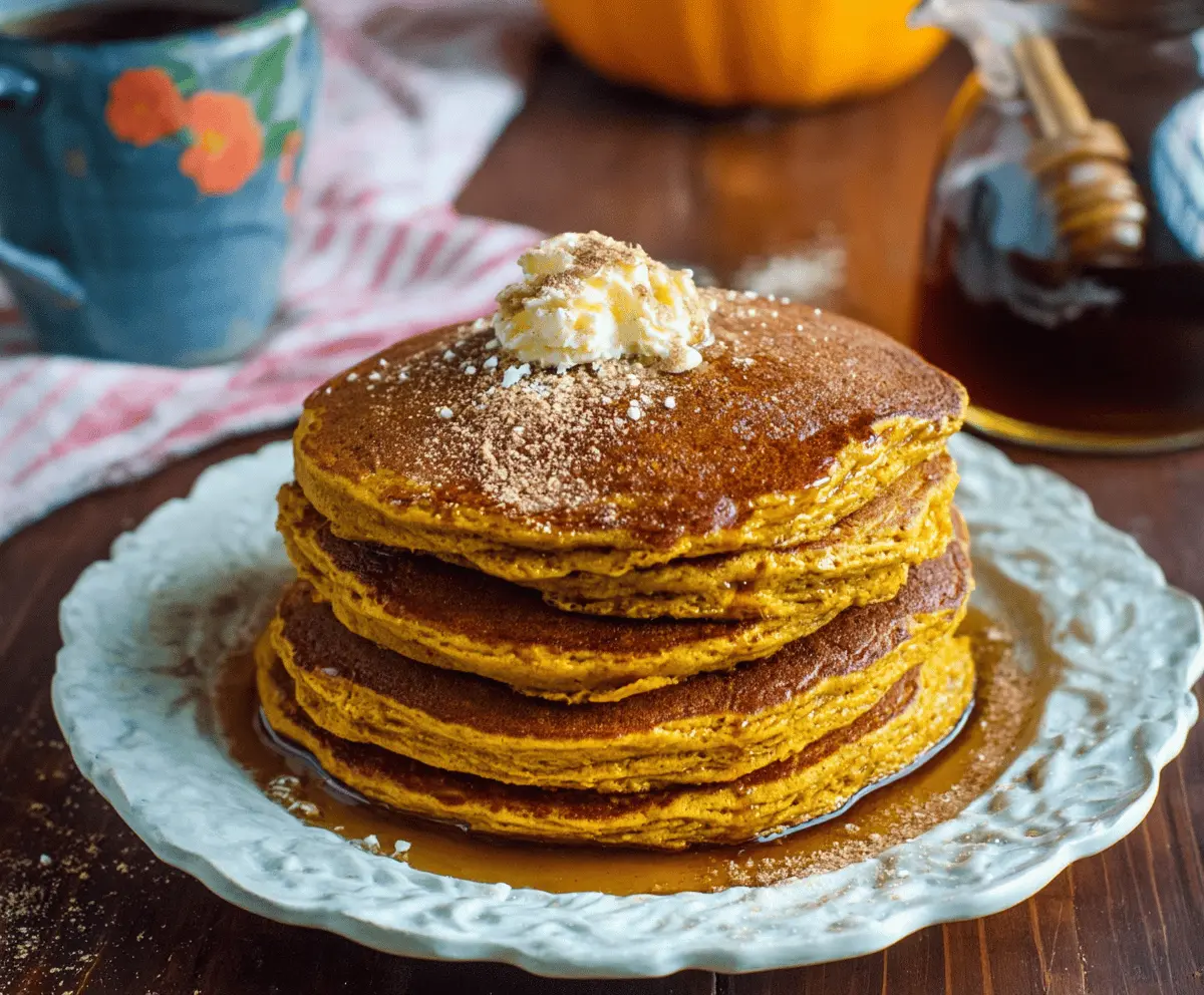 Delicious Gilmore Girls-inspired pumpkin pancakes topped with whipped cream and cinnamon, perfect for a cozy breakfast fall morning.