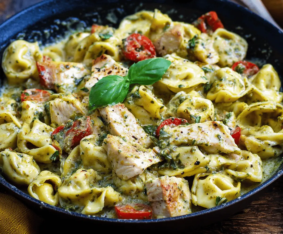 Creamy pesto chicken tortellini pasta dish garnished with fresh basil and grated Parmesan cheese on a white plate.