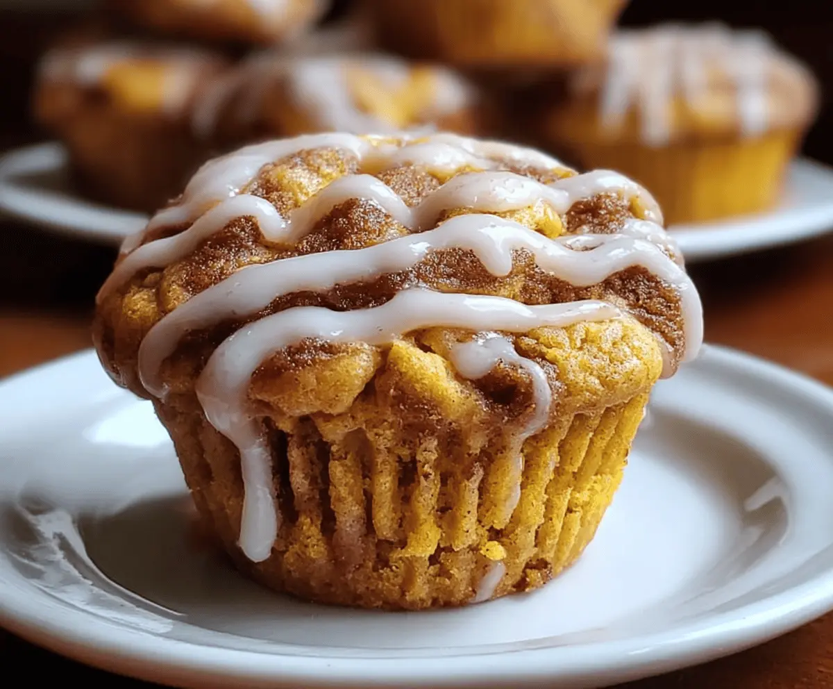 Delicious pumpkin cinnamon roll muffins topped with cream cheese glaze, perfect for fall desserts and breakfast treats.