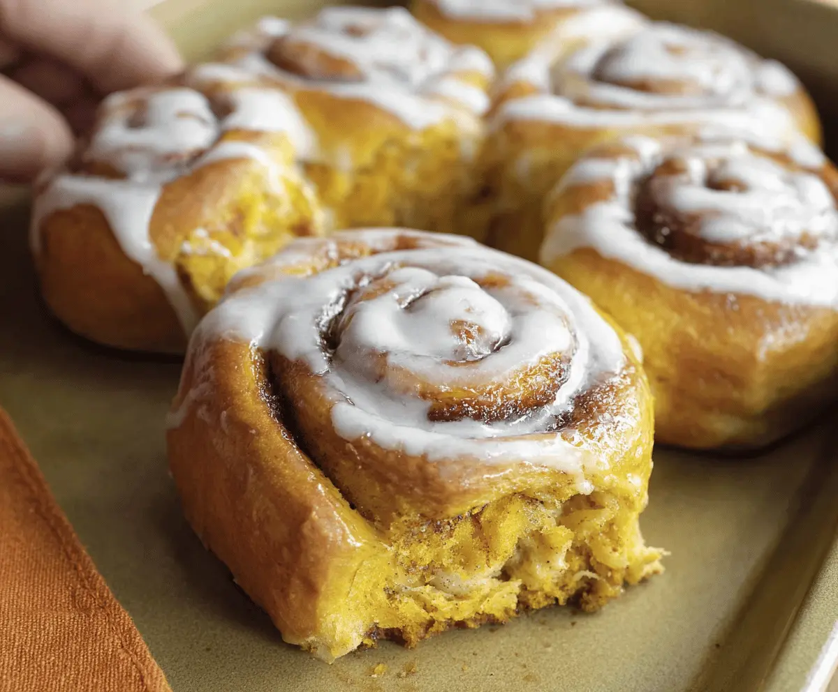 Delicious homemade pumpkin cinnamon rolls topped with cream cheese frosting on a rustic wooden table, perfect for fall breakfast or dessert.