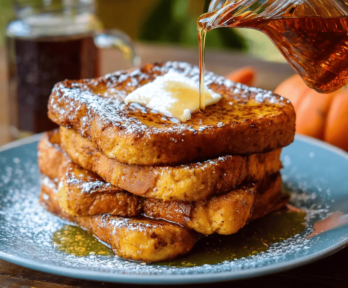 Delicious pumpkin French toast topped with whipped cream and cinnamon, served with maple syrup on a festive fall plate.