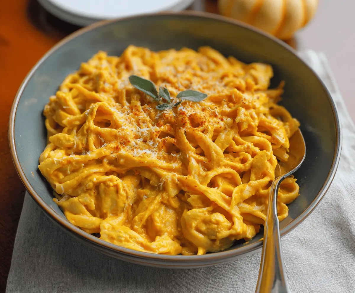 Creamy pumpkin pasta sauce with herbs and garlic in a bowl, perfect for fall-inspired dinners.
