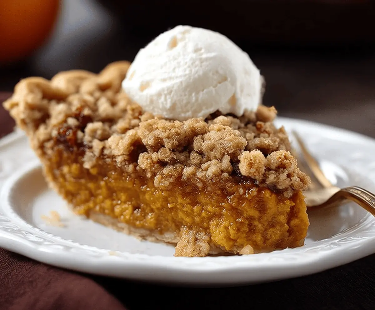 Delicious pumpkin pie crisp topped with cinnamon streusel, ready to serve for a cozy fall dessert