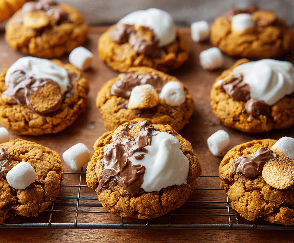 Delicious Pumpkin S'mores Cookies with marshmallows, chocolate, and graham cracker crumbs on a rustic plate, perfect for fall desserts.