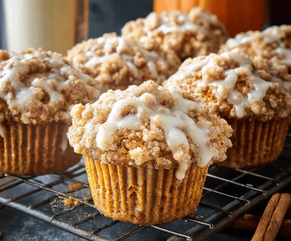 Delicious homemade pumpkin streusel muffins topped with crunchy streusel crumble, perfect for fall breakfast or snack.
