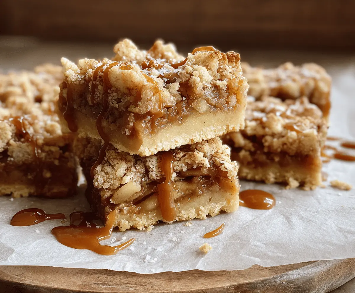 Delicious salted caramel apple bars topped with caramel drizzle and apple slices, perfect for fall dessert recipes