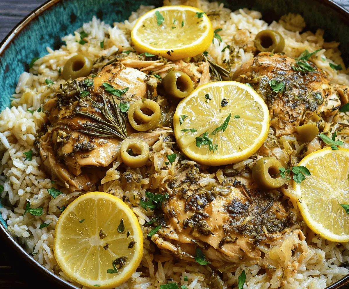 Delicious slow cooker lemon herb chicken and rice served in a bowl, garnished with fresh herbs, perfect for a flavorful and easy meal