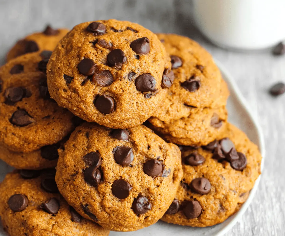 Delicious soft and gooey pumpkin chocolate chip cookies fresh out of the oven, showcasing a warm, inviting treat with melty chocolate chips and a hint of pumpkin flavor.