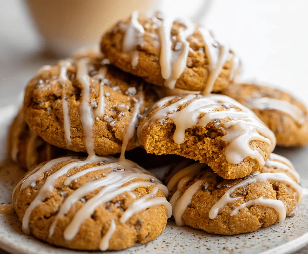 Delicious soft pumpkin pie cookies with cinnamon and nutmeg, topped with whipped cream and pumpkin seeds, perfect for fall desserts.