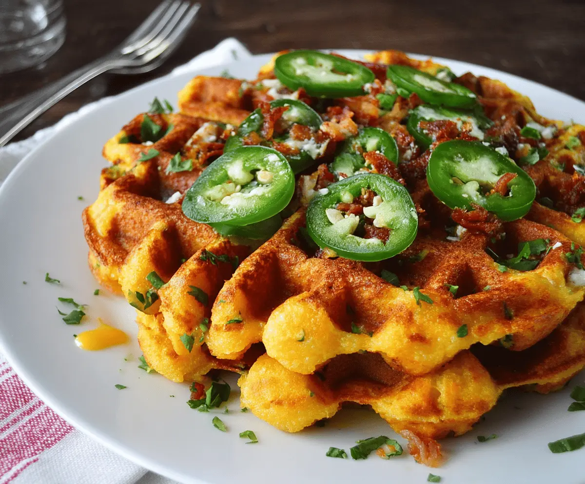 Delicious Spicy Cheddar Jalapeño Cornbread Waffles topped with melted cheese and fresh jalapeño slices on a plate, perfect for breakfast or brunch