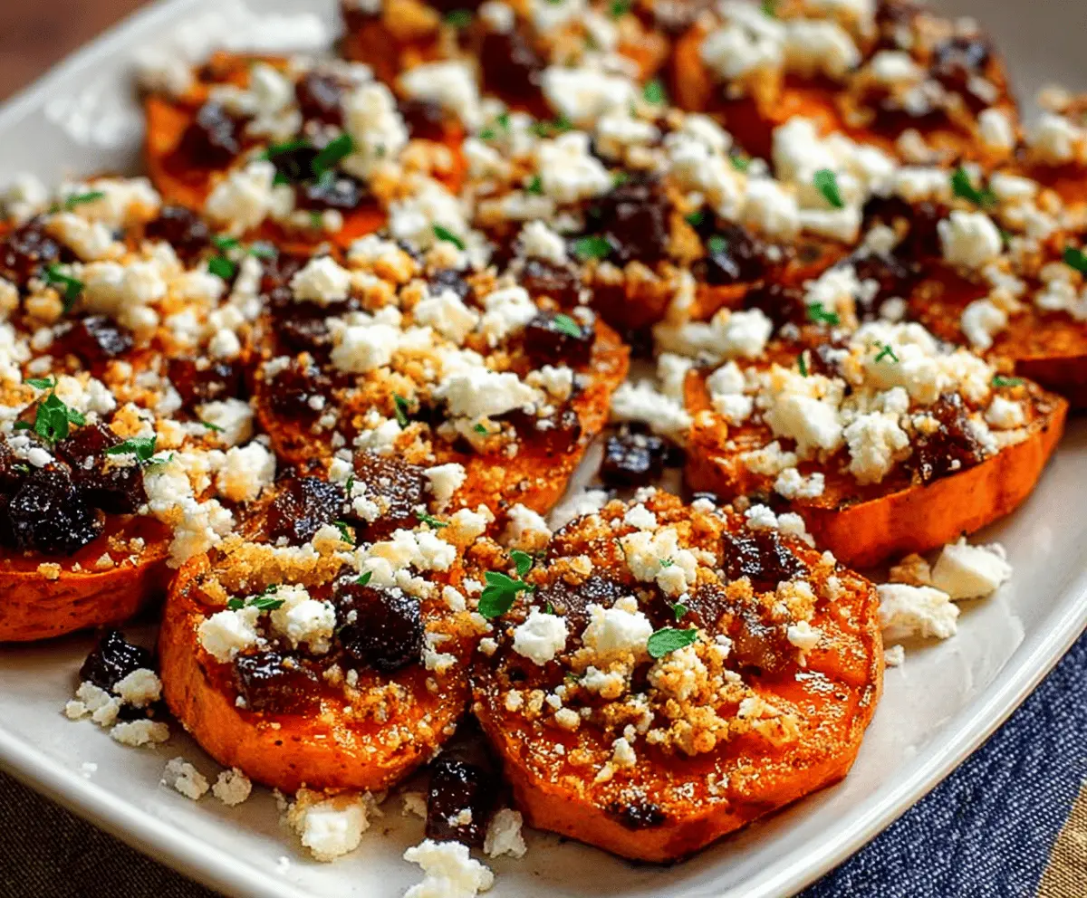 Delicious sweet potato rounds topped with honey drizzle and crumbled feta cheese, served as a savory appetizer or snack.