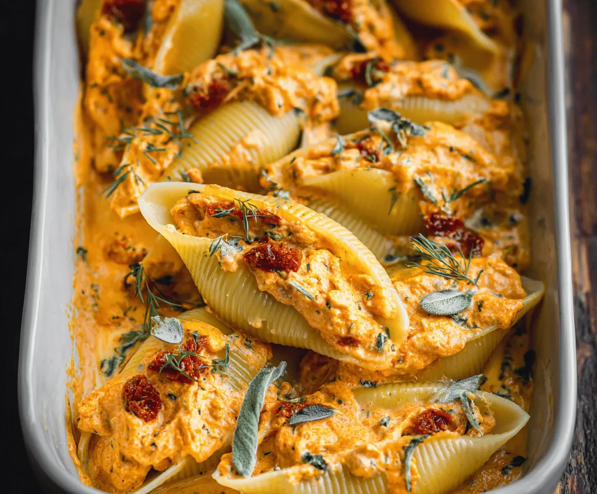 Creamy vegan pumpkin ricotta stuffed pasta shells, garnished with fresh herbs for a delicious plant-based Italian dish.