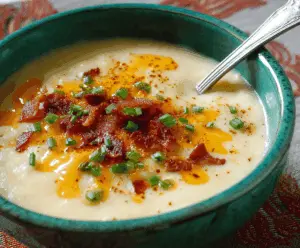 Creamy baked potato soup topped with crispy bacon, shredded cheese, and chopped green onions in a rustic bowl