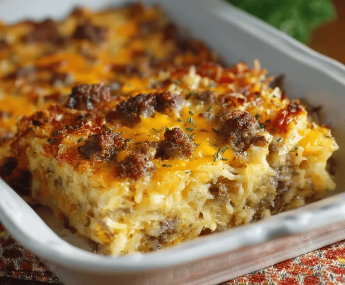 Delicious breakfast casserole with sausage and crispy hash browns, perfect for a hearty morning meal