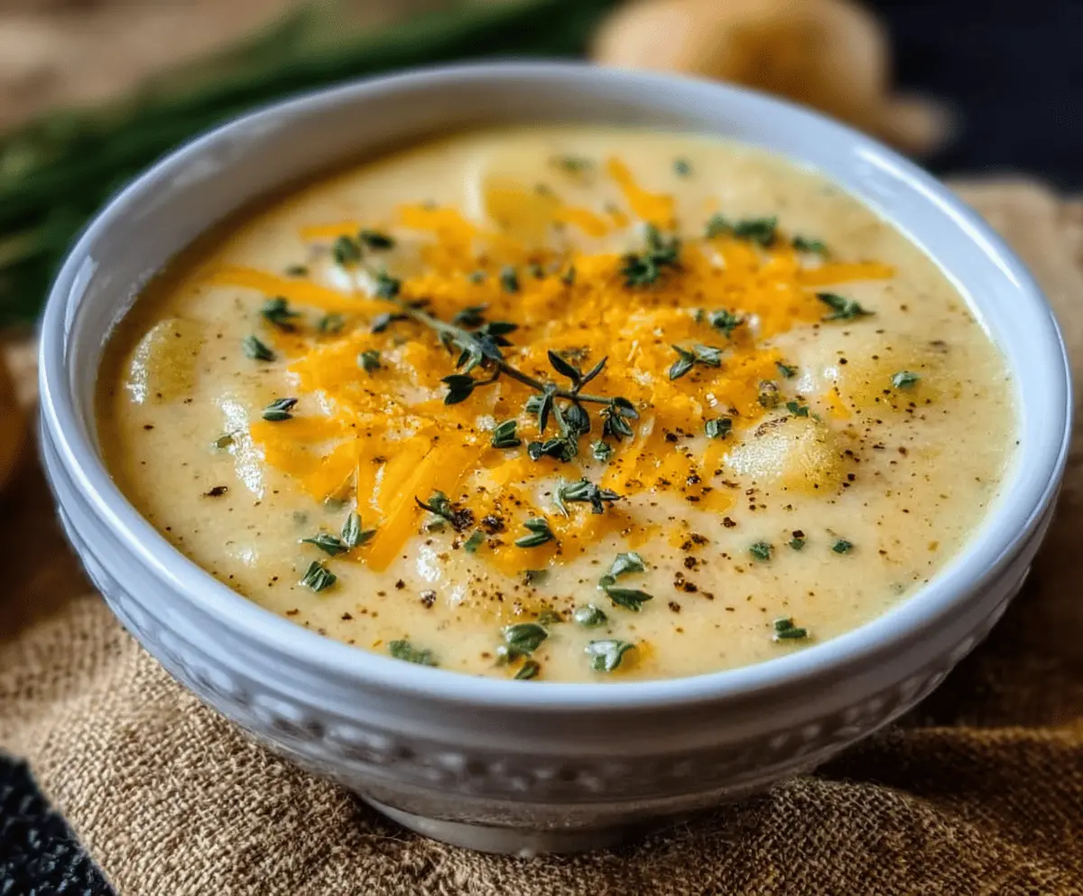 Creamy Cheddar Garlic Herb Potato Soup in a bowl topped with melted cheese, fresh herbs, and crispy bacon garnishes, perfect for a comforting meal.