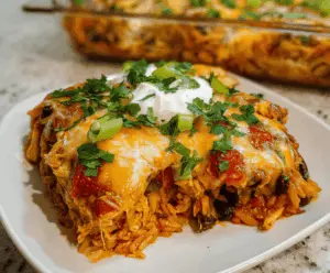 Delicious Chicken Burrito Casserole topped with melted cheese, fresh cilantro, and diced tomatoes in a baking dish, ready to serve.