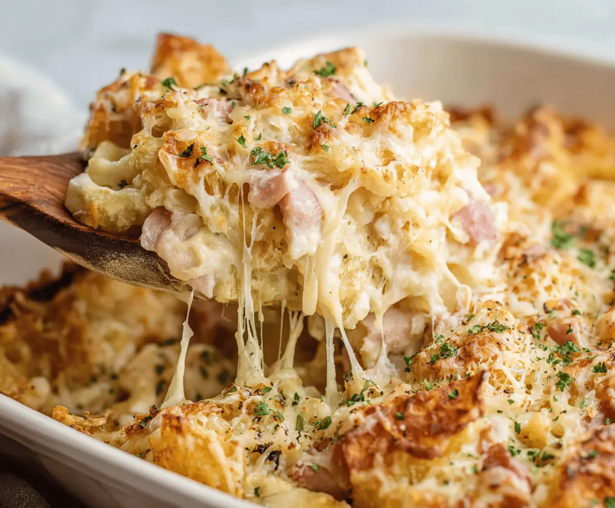 Creamy Chicken Cordon Bleu Casserole topped with melted cheese and crispy breadcrumb crust, ready to serve.