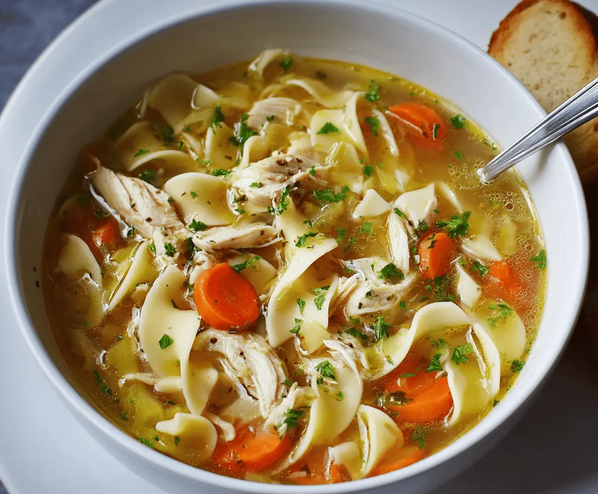 A steaming bowl of homemade chicken noodle soup with tender chicken, colorful vegetables, and fresh herbs in a clear broth, perfect for a comforting meal.