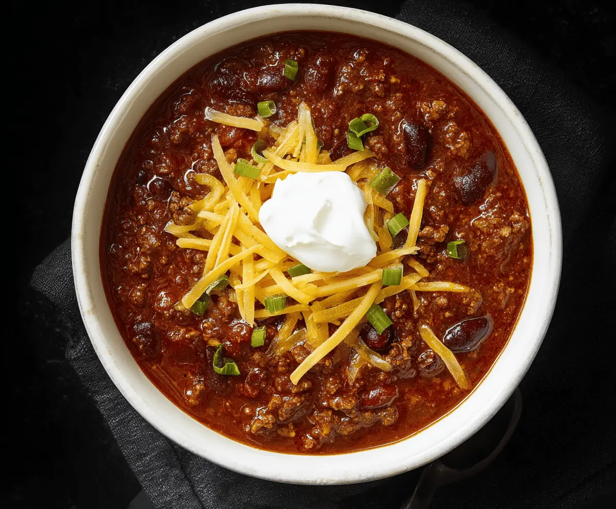 A bowl of hearty classic beef chili topped with shredded cheese and chopped green onions, served with tortilla chips on a rustic wooden table.