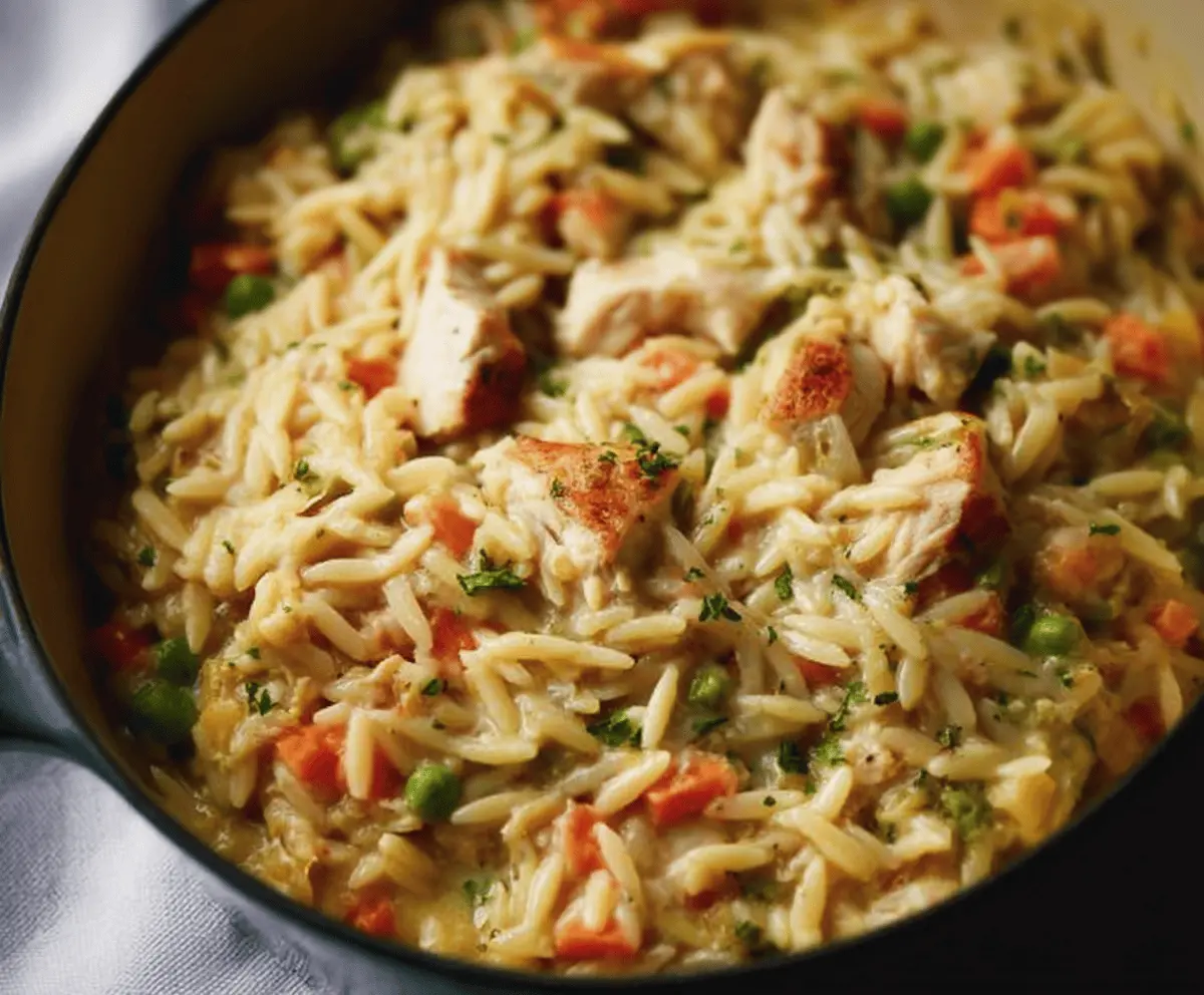 Creamy cozy chicken pot pie orzo served in a bowl with golden crust topping, perfect for comforting family dinners.