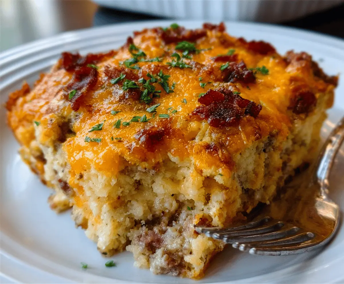 Delicious Crack Breakfast Casserole with eggs, cheese, sausage, and vegetables served in a baking dish