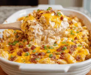Creamy Crack Chicken Casserole with shredded chicken, crispy bacon, melted cheese, and green onions in a baked dish, perfect for a hearty meal.