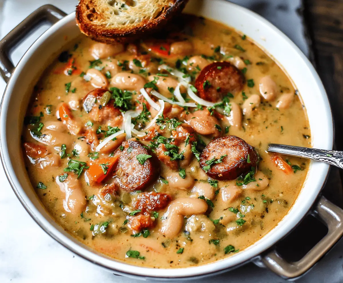 Creamy bean soup with sausage, garnished with fresh herbs in a rustic bowl, served with crusty bread