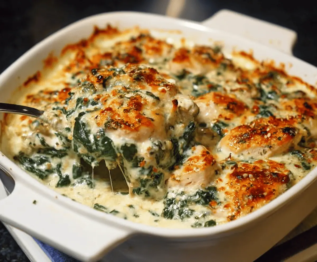 Creamy chicken and spinach casserole topped with melted cheese, served in a baking dish with fresh spinach and tender chicken pieces.