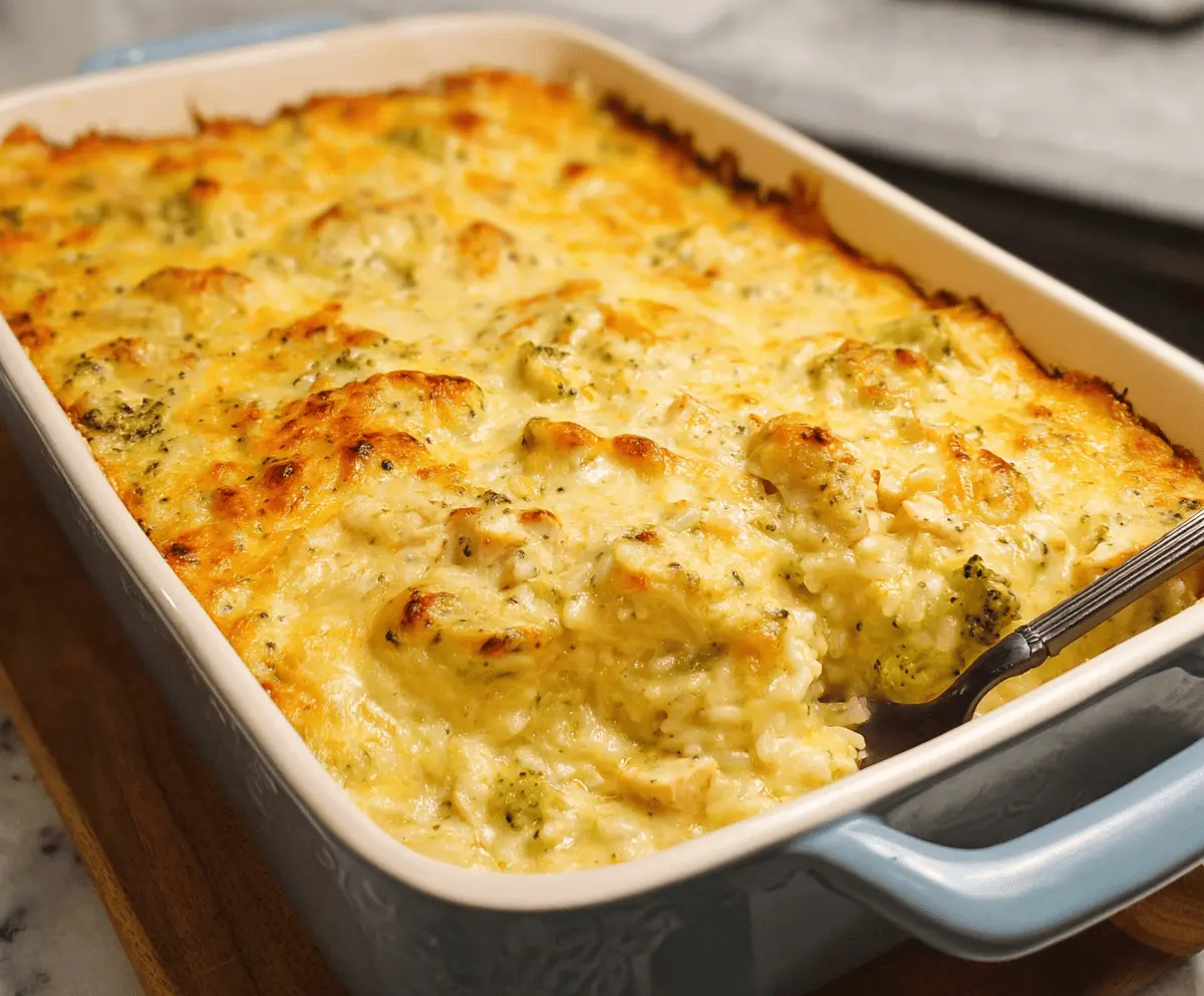 Creamy Chicken Broccoli Rice Cheese Casserole