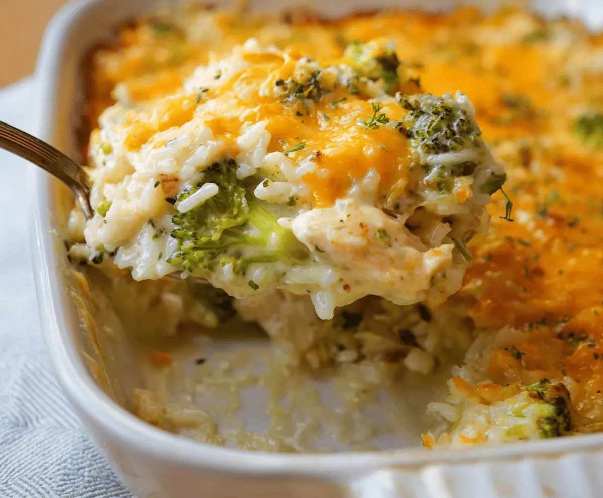 Creamy Chicken Broccoli Rice Cheese Casserole