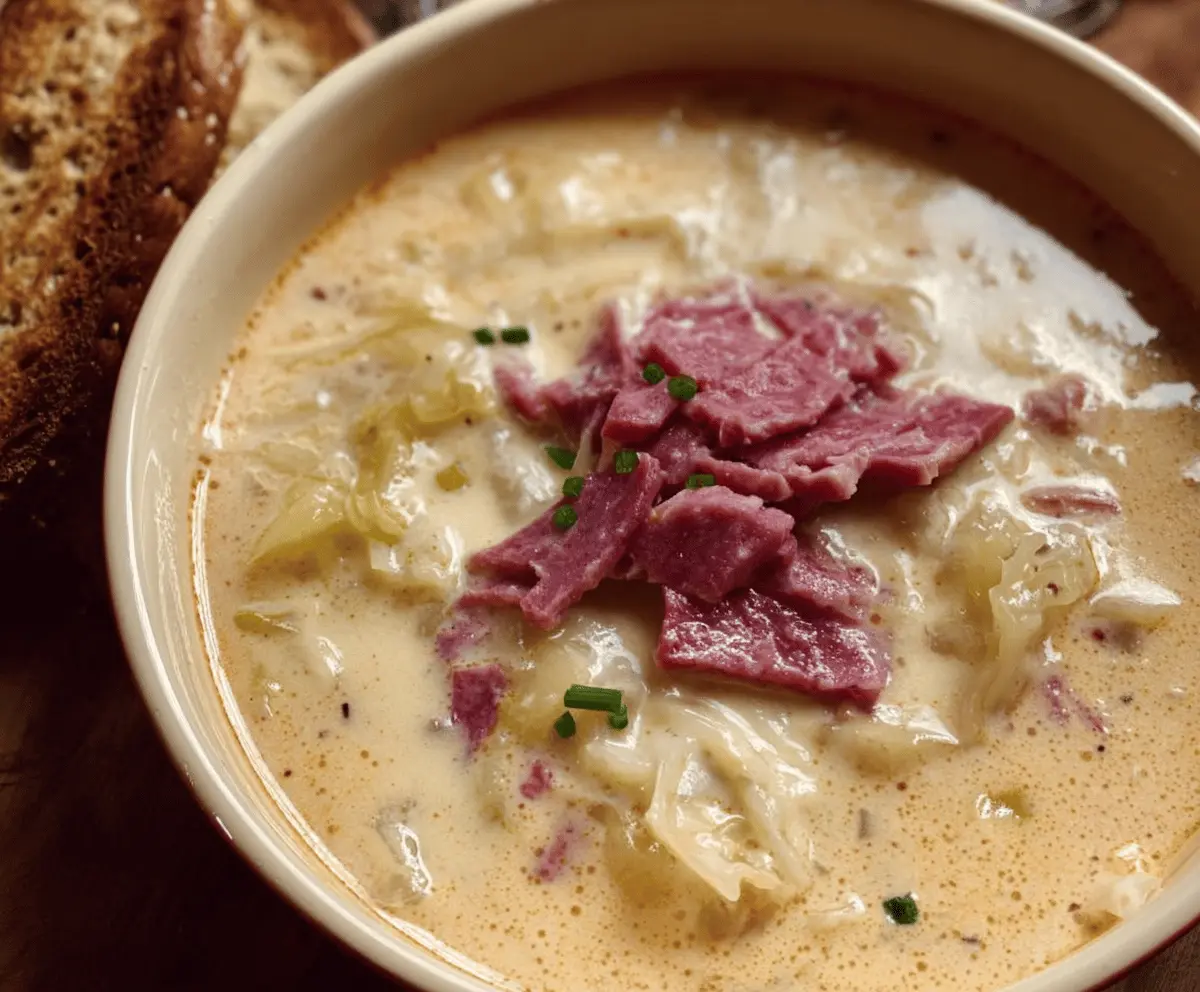 A bowl of creamy Reuben soup garnished with fresh herbs, featuring corned beef, Swiss cheese, sauerkraut, and rye croutons in a creamy broth.